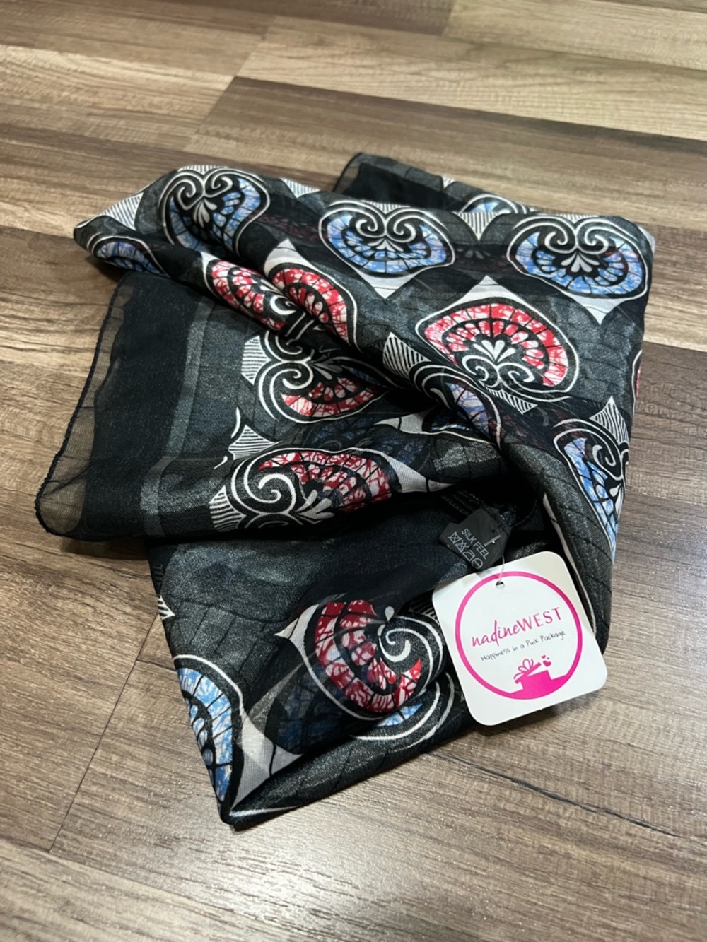 NWT nadineWEST Black Paisley Pattern Lightweight Scarf - Red & Blue Accents